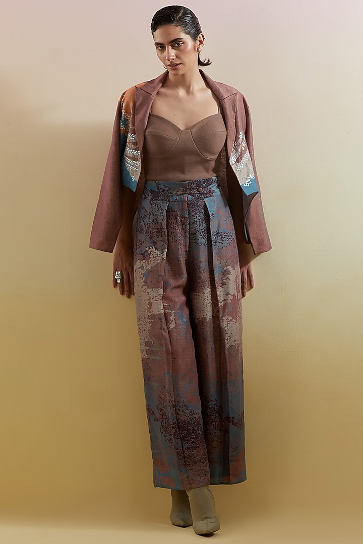 Gliss Brown & Blue Linen Silk Embellished Jacket Set by CLOS at Pernia's Pop Up Shop