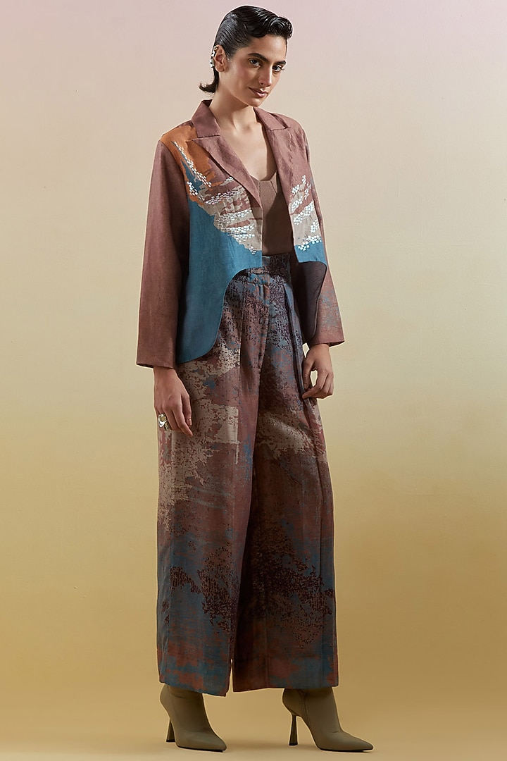 Gliss Brown & Blue Linen Silk Embellished Jacket Set by CLOS at Pernia's Pop Up Shop