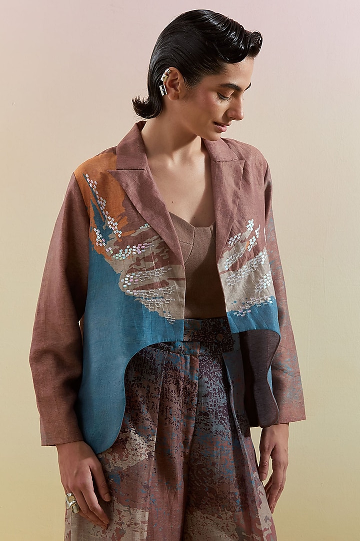 Gliss Brown & Blue Linen Silk Embellished Jacket Set by CLOS at Pernia's Pop Up Shop