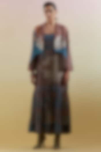 Brown & Blue Linen Silk Embellished Jacket Vacation Dress by CLOS at Pernia's Pop Up Shop