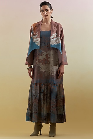 Brown & Blue Linen Silk Embellished Jacket Dress by CLOS