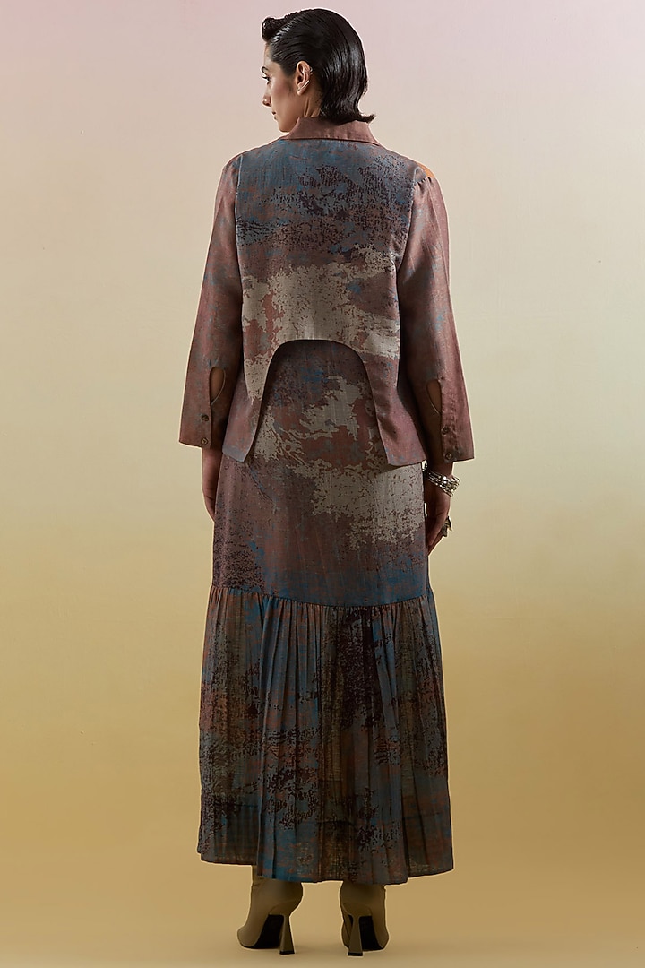 Brown & Blue Linen Silk Embellished Jacket Vacation Dress by CLOS at Pernia's Pop Up Shop