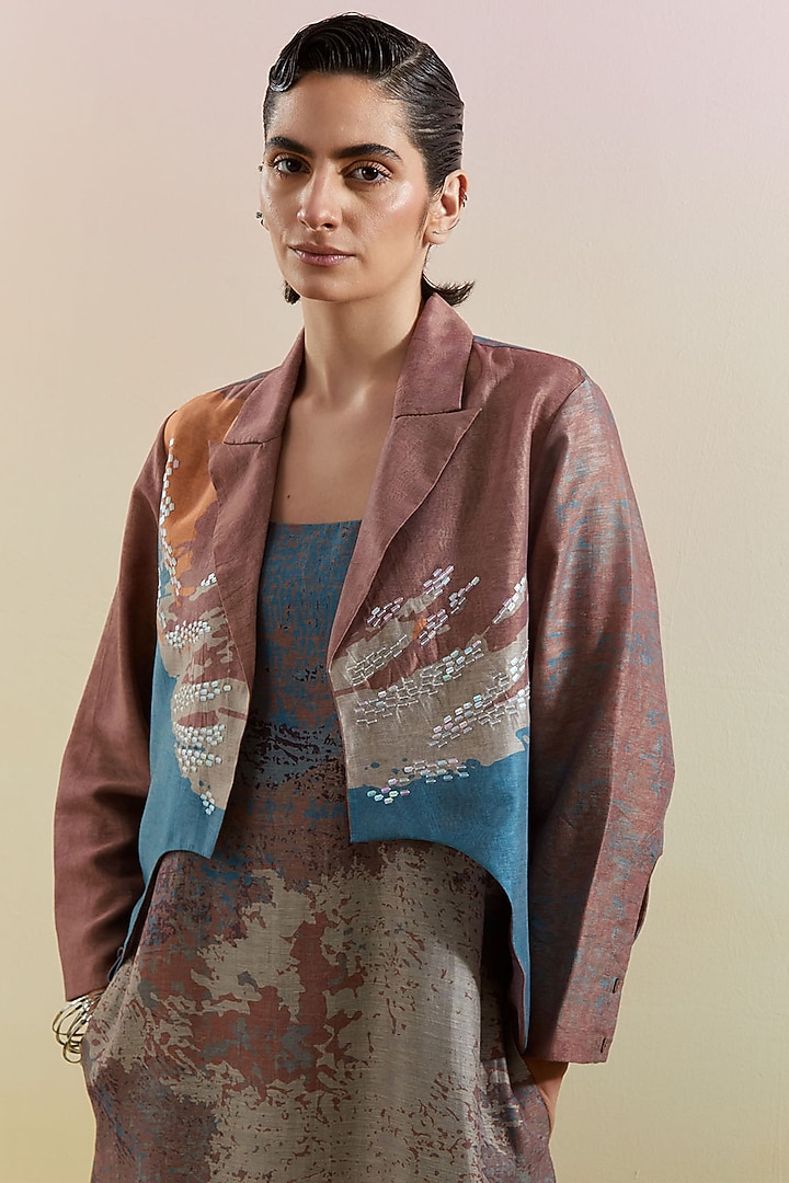 Brown & Blue Linen Silk Embellished Jacket Vacation Dress by CLOS at Pernia's Pop Up Shop