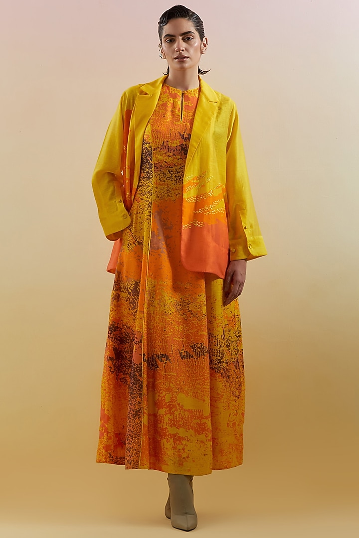 Yellow & Orange Linen Silk Embellished Jacket Vacation Dress by CLOS at Pernia's Pop Up Shop