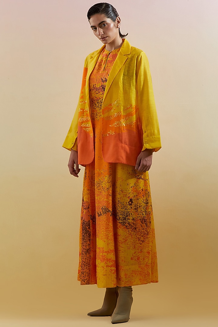 Yellow & Orange Linen Silk Embellished Jacket Vacation Dress by CLOS at Pernia's Pop Up Shop