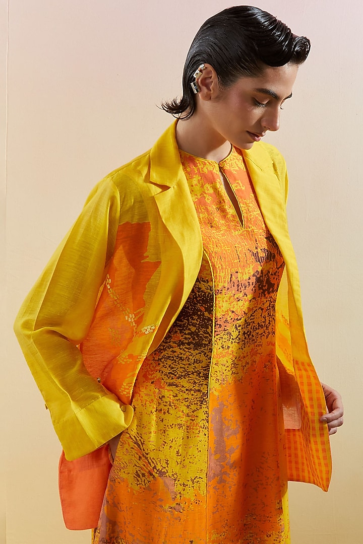 Yellow & Orange Linen Silk Embellished Jacket Vacation Dress by CLOS at Pernia's Pop Up Shop