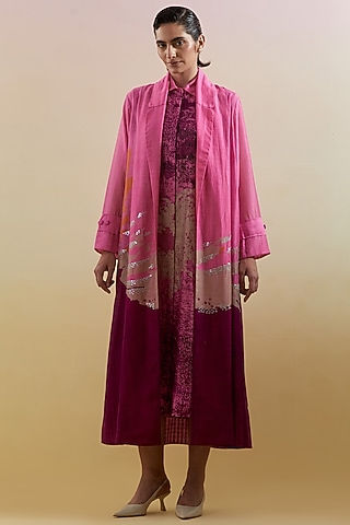 Pink & Purple Linen Silk Embellished Jacket Dress by CLOS