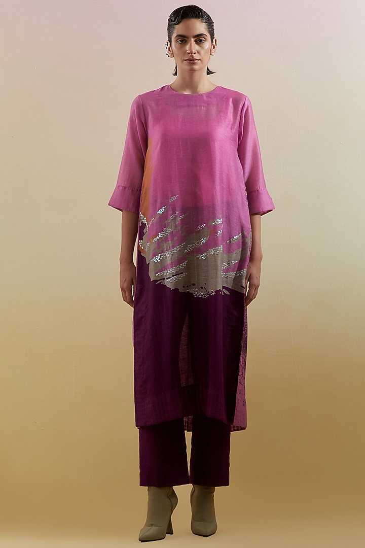 Pink & Purple Linen Silk Embellished Kurta Set by CLOS at Pernia's Pop Up Shop