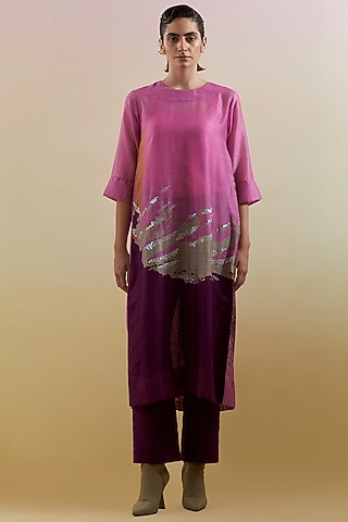 Pink & Purple Linen Silk Embellished Kurta Set by CLOS