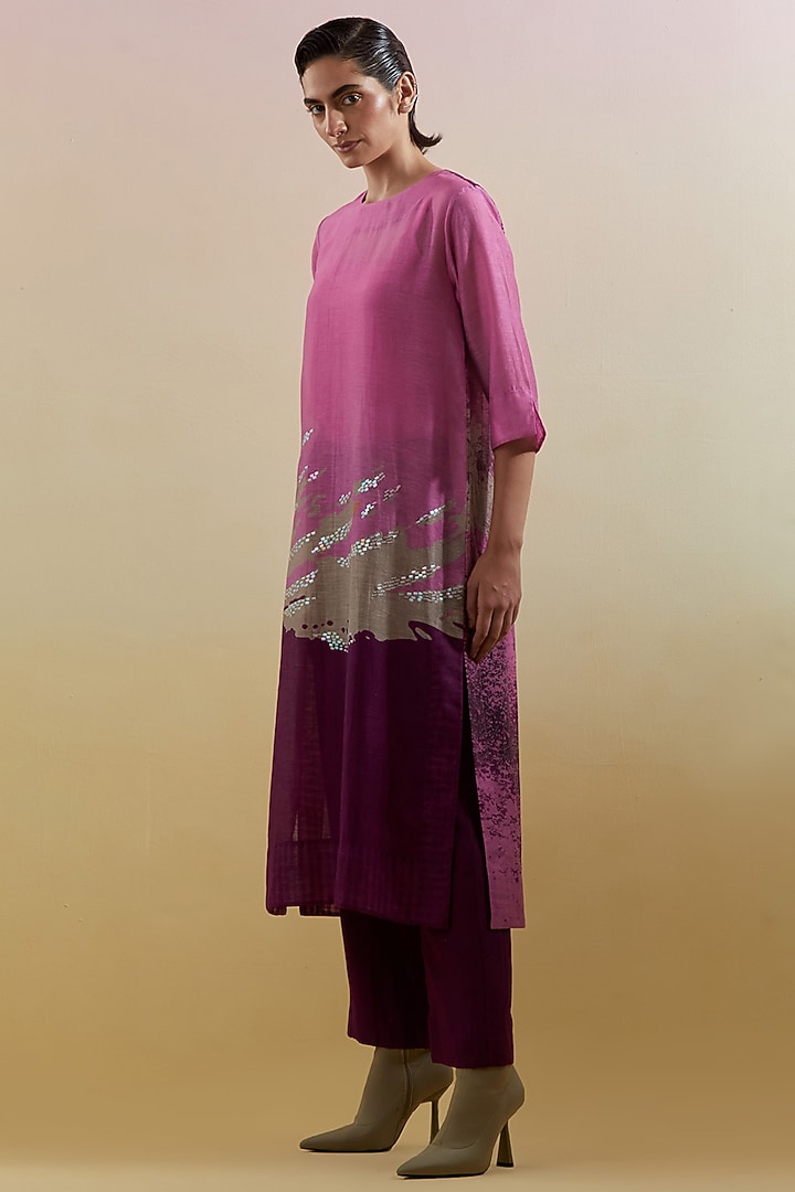 Pink & Purple Linen Silk Embellished Kurta Set by CLOS at Pernia's Pop Up Shop