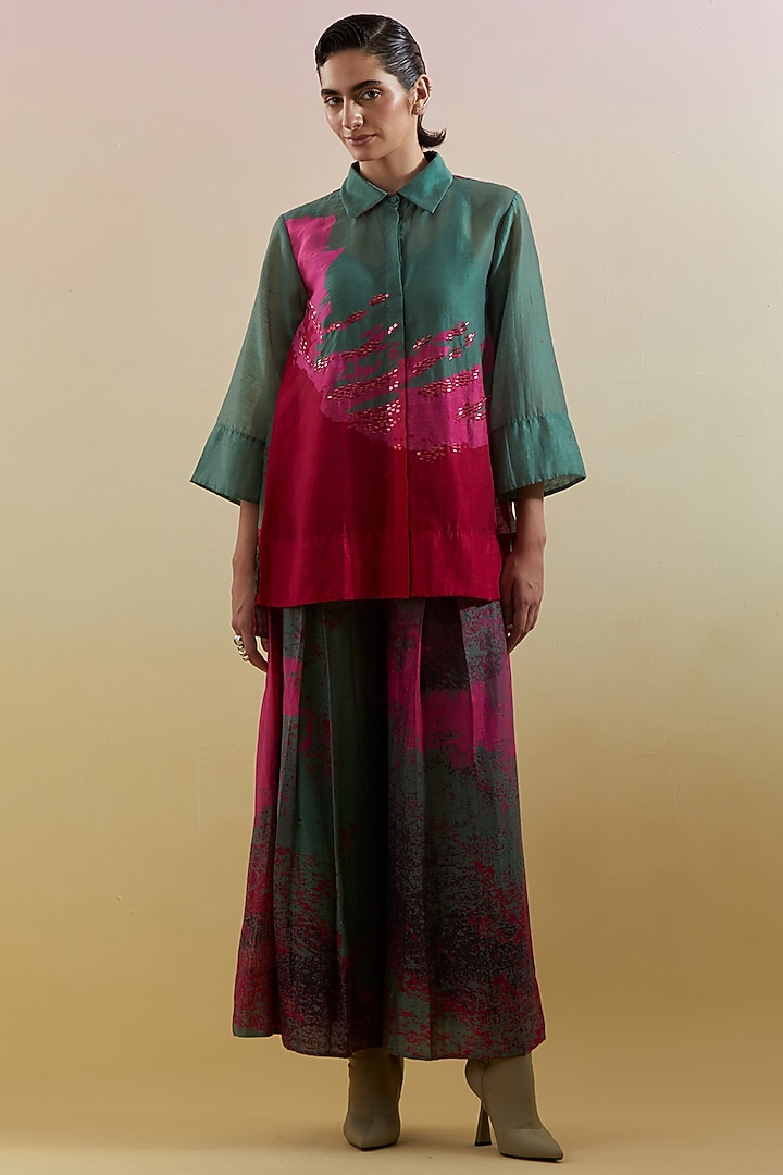 Green & Pink Linen Silk Embellished Co-Ord Set by CLOS at Pernia's Pop Up Shop