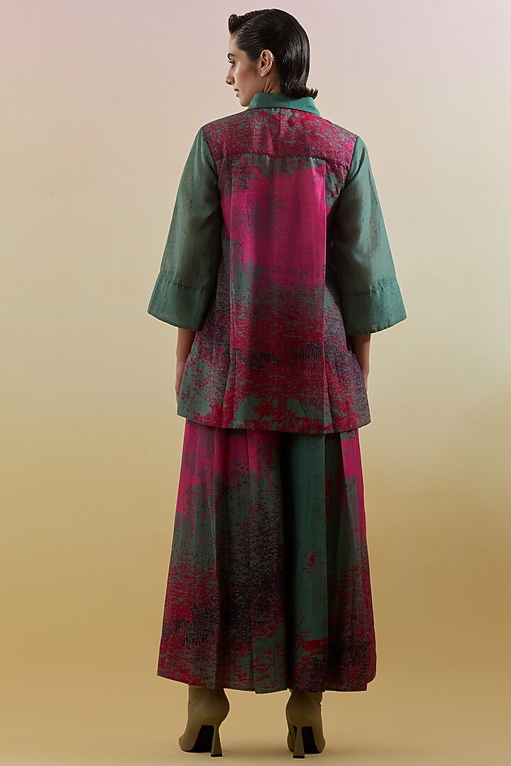 Green & Pink Linen Silk Embellished Co-Ord Set by CLOS at Pernia's Pop Up Shop