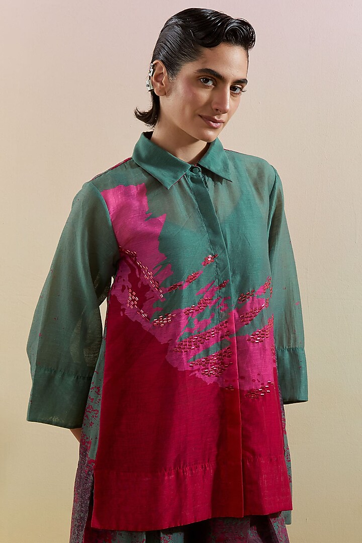 Green & Pink Linen Silk Embellished Co-Ord Set by CLOS at Pernia's Pop Up Shop