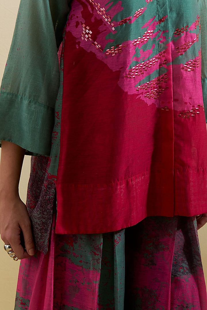 Green & Pink Linen Silk Embellished Co-Ord Set by CLOS at Pernia's Pop Up Shop