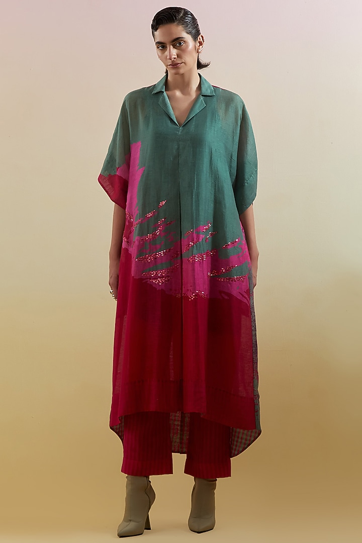 Green & Pink Linen Silk Embellished Kurta Set by CLOS at Pernia's Pop Up Shop