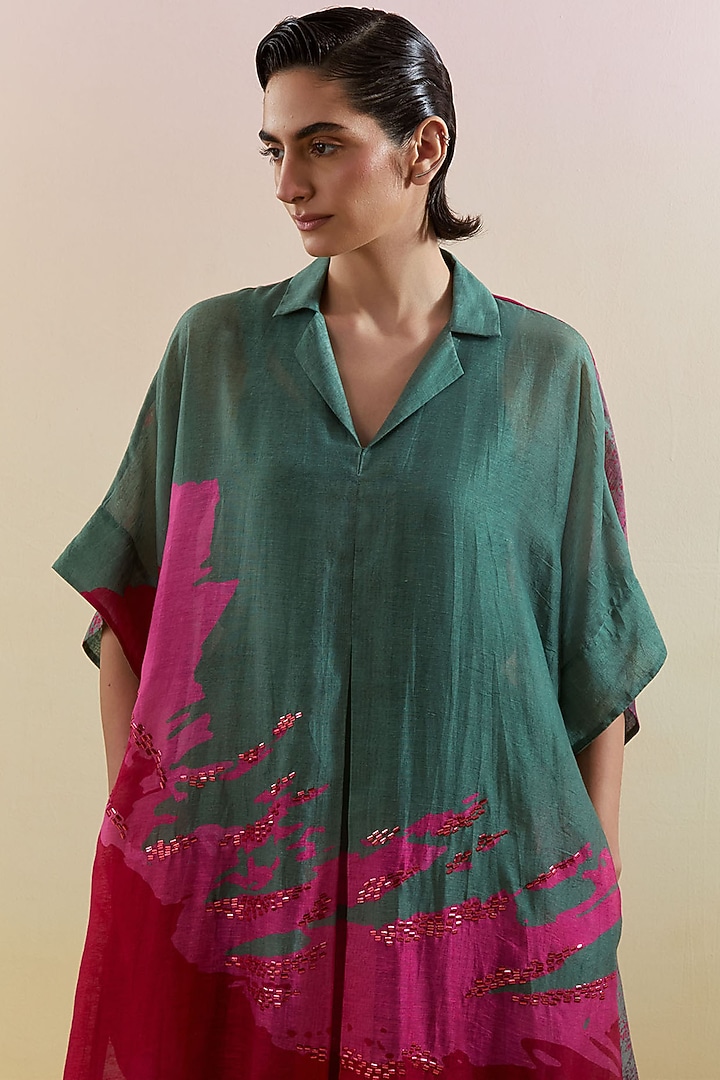 Green & Pink Linen Silk Embellished Kurta Set by CLOS at Pernia's Pop Up Shop