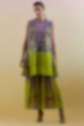 Lilac & Neon Green Linen Silk Embellished Jacket Set by CLOS at Pernia's Pop Up Shop