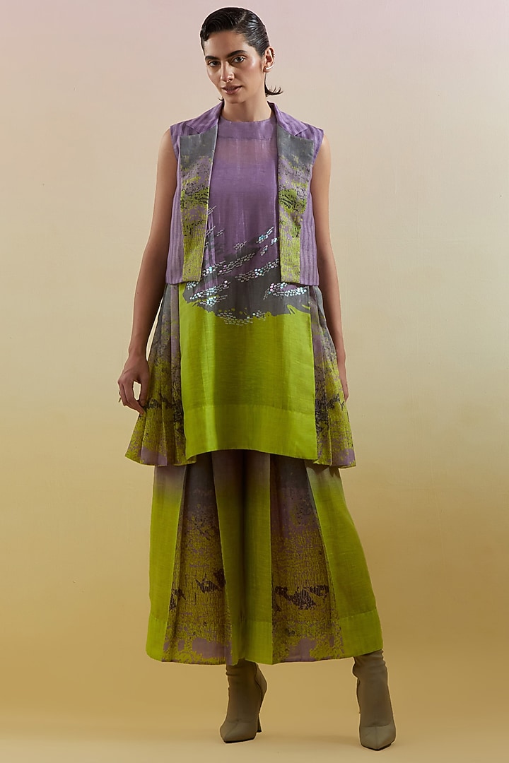Lilac & Neon Green Linen Silk Embellished Jacket Set by CLOS at Pernia's Pop Up Shop
