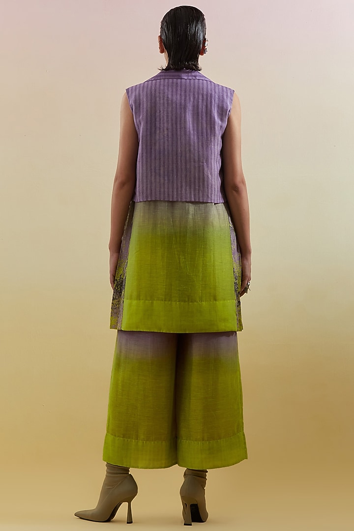 Lilac & Neon Green Linen Silk Embellished Jacket Set by CLOS at Pernia's Pop Up Shop