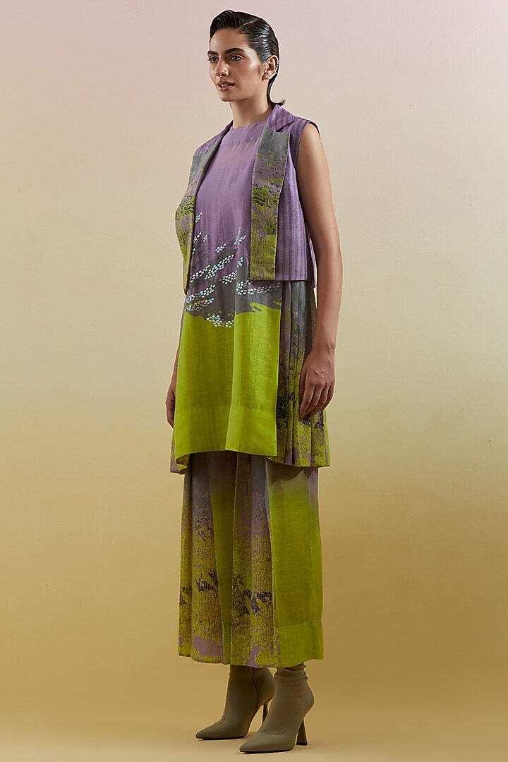 Lilac & Neon Green Linen Silk Embellished Jacket Set by CLOS at Pernia's Pop Up Shop