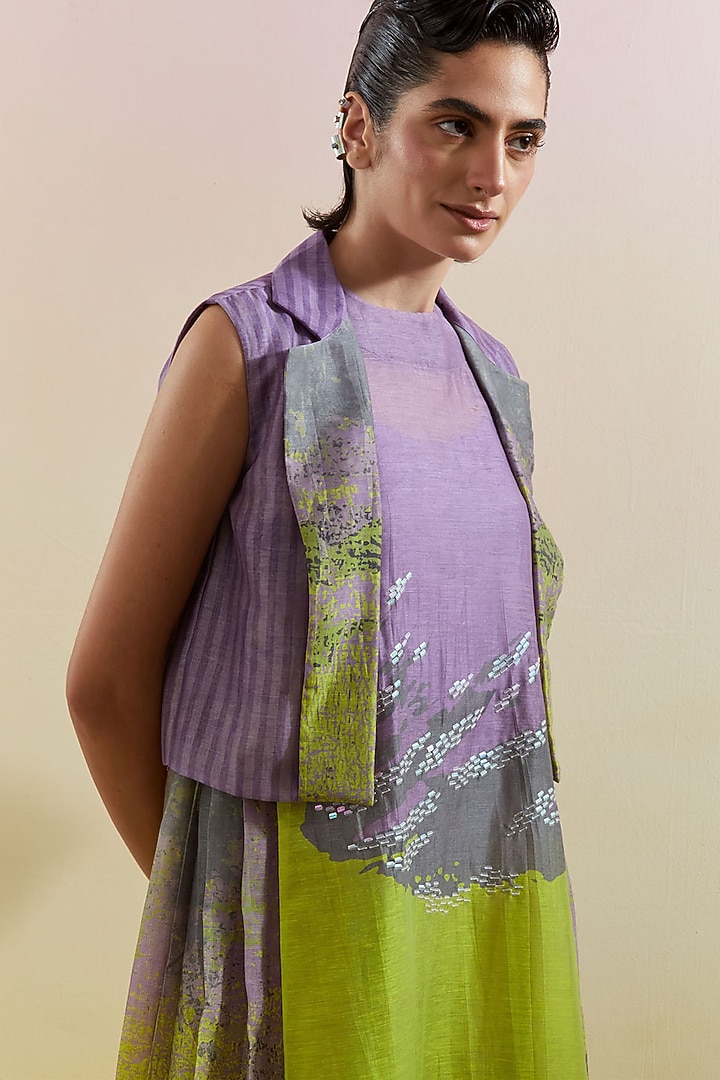 Lilac & Neon Green Linen Silk Embellished Jacket Set by CLOS at Pernia's Pop Up Shop