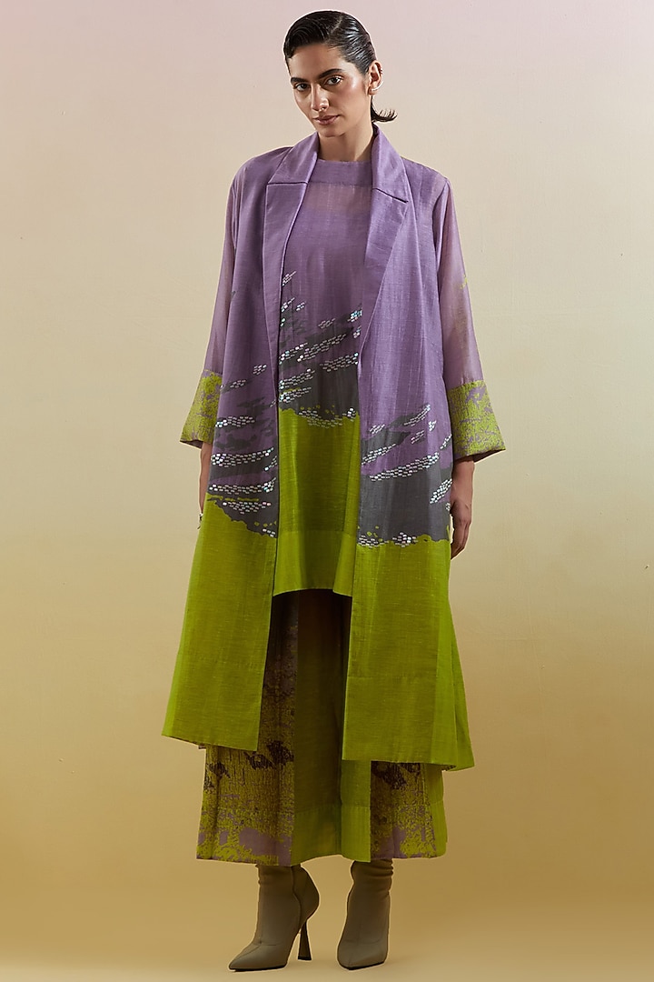 Lilac & Neon Green Linen Silk Embellished Jacket Set by CLOS at Pernia's Pop Up Shop