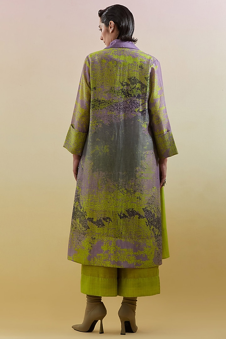 Lilac & Neon Green Linen Silk Embellished Jacket Set by CLOS at Pernia's Pop Up Shop