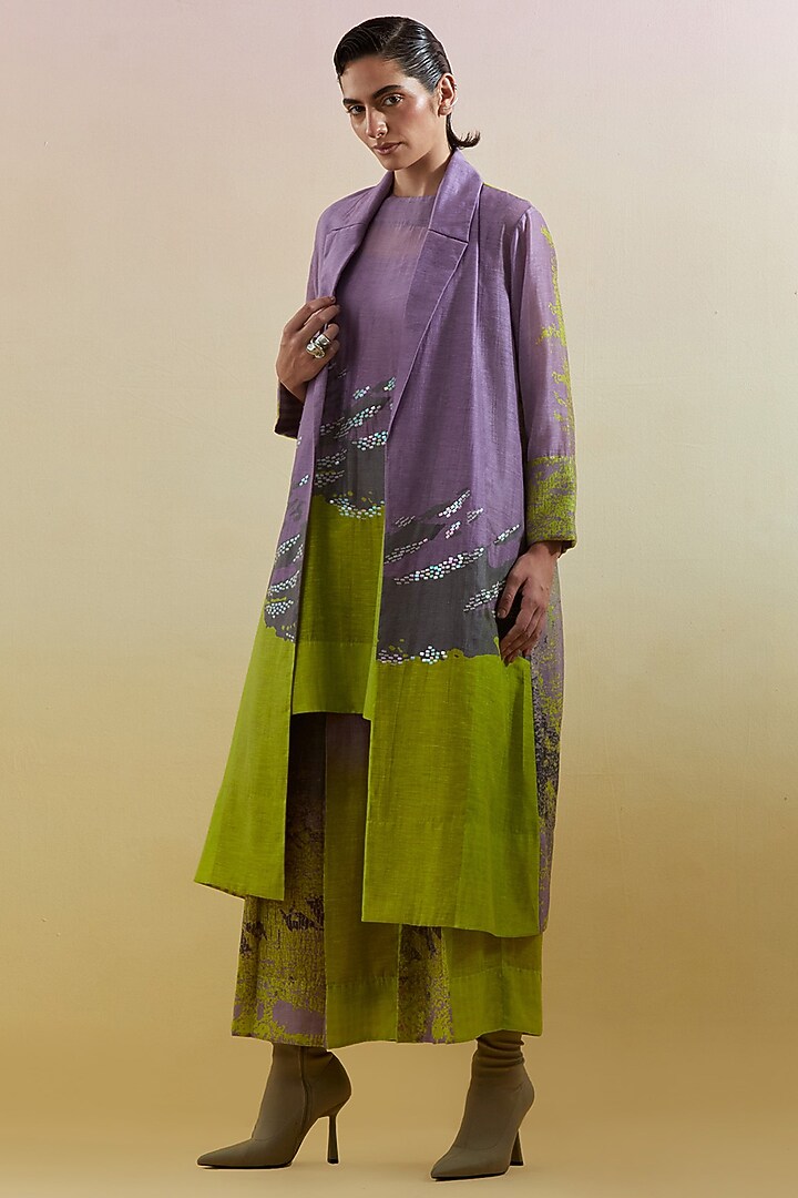 Lilac & Neon Green Linen Silk Embellished Jacket Set by CLOS at Pernia's Pop Up Shop
