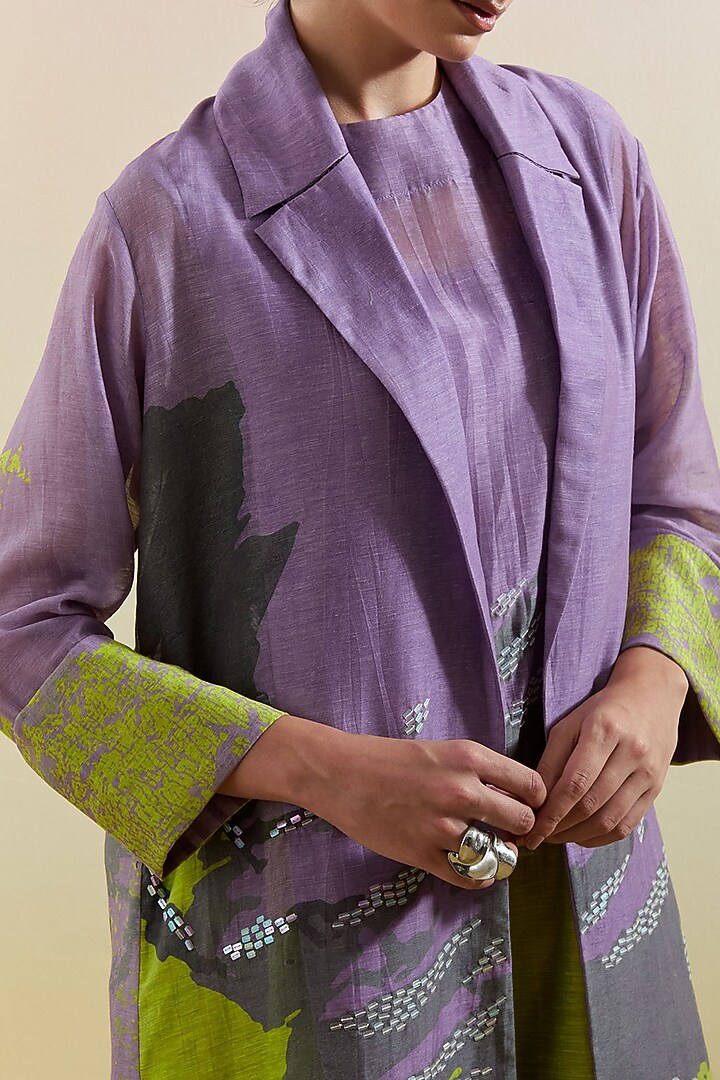 Lilac & Neon Green Linen Silk Embellished Jacket Set by CLOS at Pernia's Pop Up Shop
