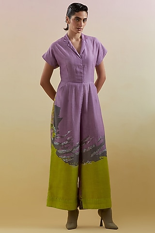 Lilac & Neon Green Linen Silk Embellished Jumpsuit by CLOS