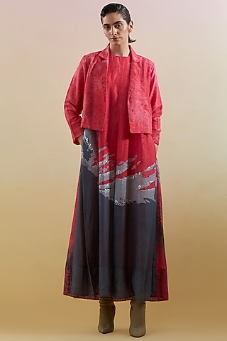 Pink & Grey Linen Silk Embellished Jacket Dress by CLOS