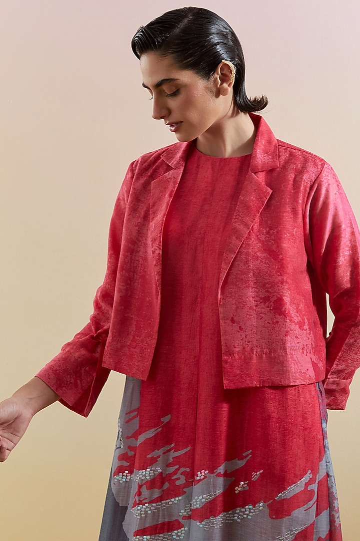 Pink & Grey Linen Silk Embellished Jacket Vacation Dress by CLOS at Pernia's Pop Up Shop