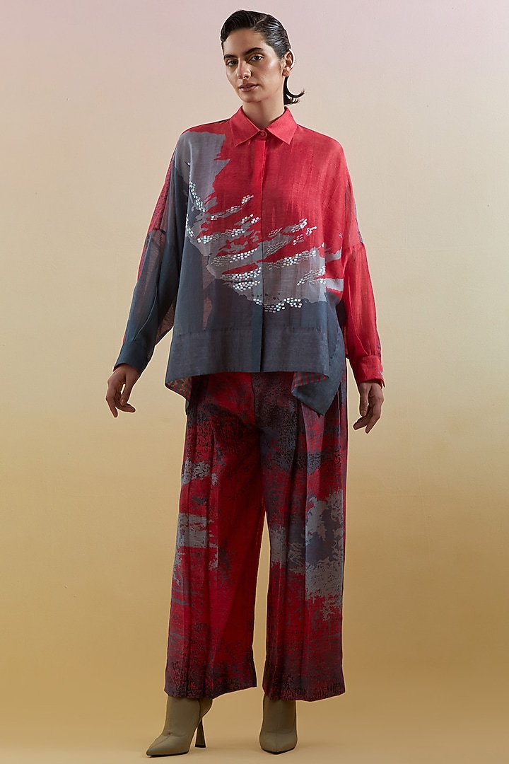 Pink & Grey Linen Silk Embellished Co-Ord Set by CLOS at Pernia's Pop Up Shop
