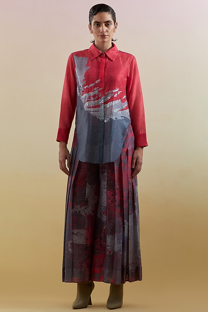 Pink & Grey Linen Silk Embellished Co-Ord Set by CLOS at Pernia's Pop Up Shop