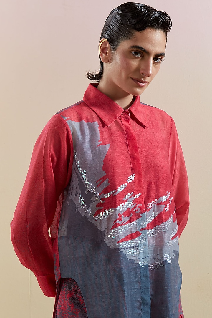 Pink & Grey Linen Silk Embellished Co-Ord Set by CLOS at Pernia's Pop Up Shop