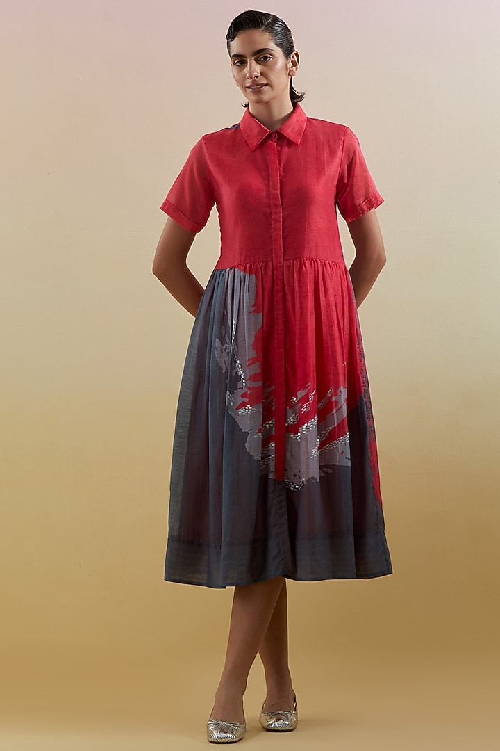Pink & Grey Linen Silk Embellished Midi Vacation Dress by CLOS at Pernia's Pop Up Shop