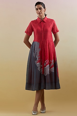 Pink & Grey Linen Silk Embellished Midi Dress by CLOS