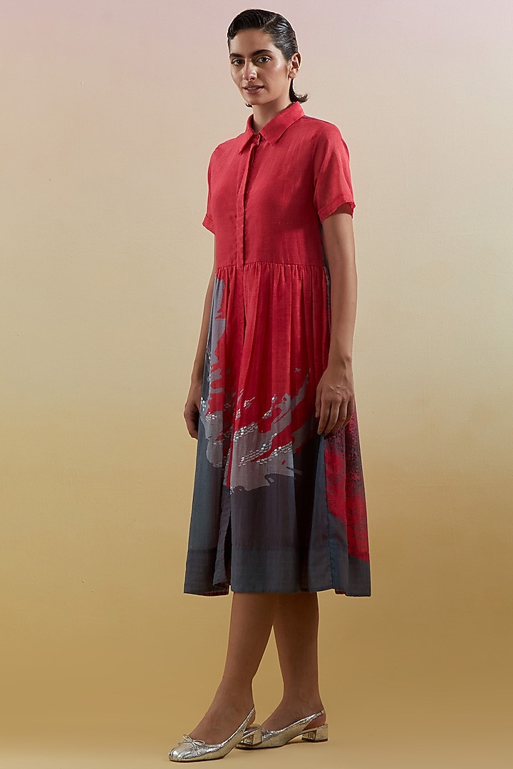 Pink & Grey Linen Silk Embellished Midi Vacation Dress by CLOS at Pernia's Pop Up Shop