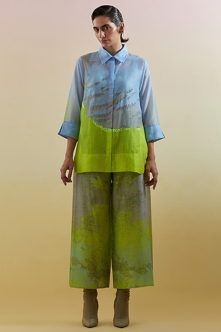 Blue & Lime Green Linen Silk Embellished Co-Ord Set by CLOS at Pernia's Pop Up Shop