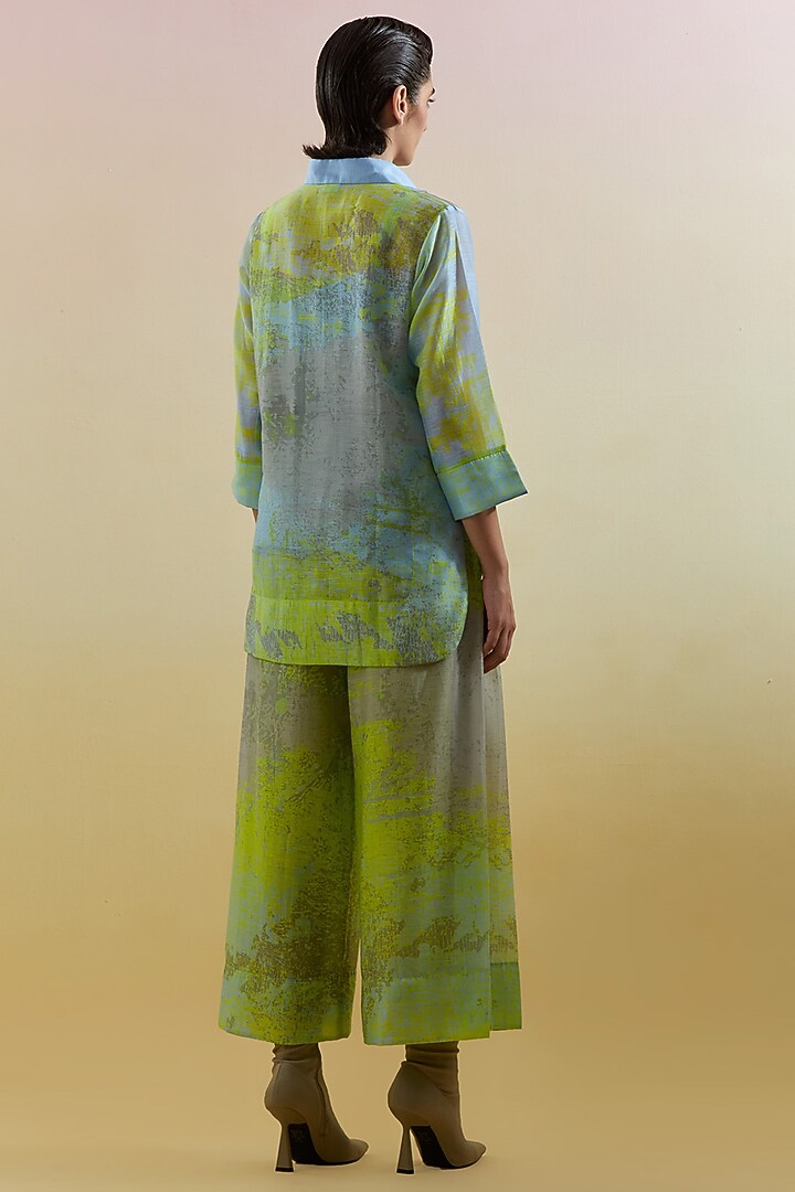Blue & Lime Green Linen Silk Embellished Co-Ord Set by CLOS at Pernia's Pop Up Shop