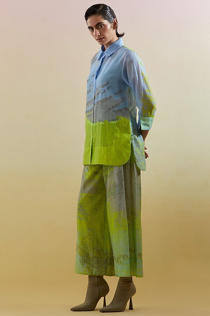 Blue & Lime Green Linen Silk Embellished Co-Ord Set by CLOS at Pernia's Pop Up Shop