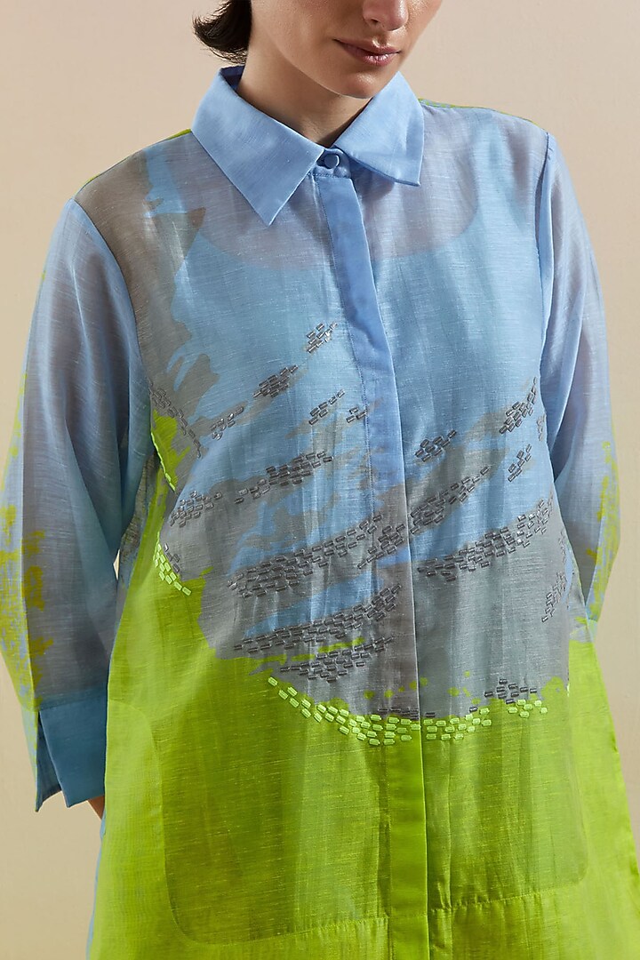 Blue & Lime Green Linen Silk Embellished Co-Ord Set by CLOS at Pernia's Pop Up Shop