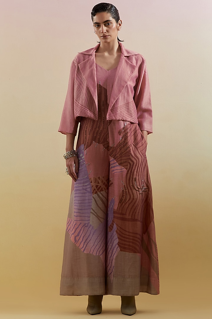 Dusty Pink & Grey Linen Silk Embellished Jumpsuit With Jacket by CLOS at Pernia's Pop Up Shop