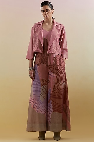 Dusty Pink & Grey Linen Silk Embellished Jumpsuit With Jacket by CLOS