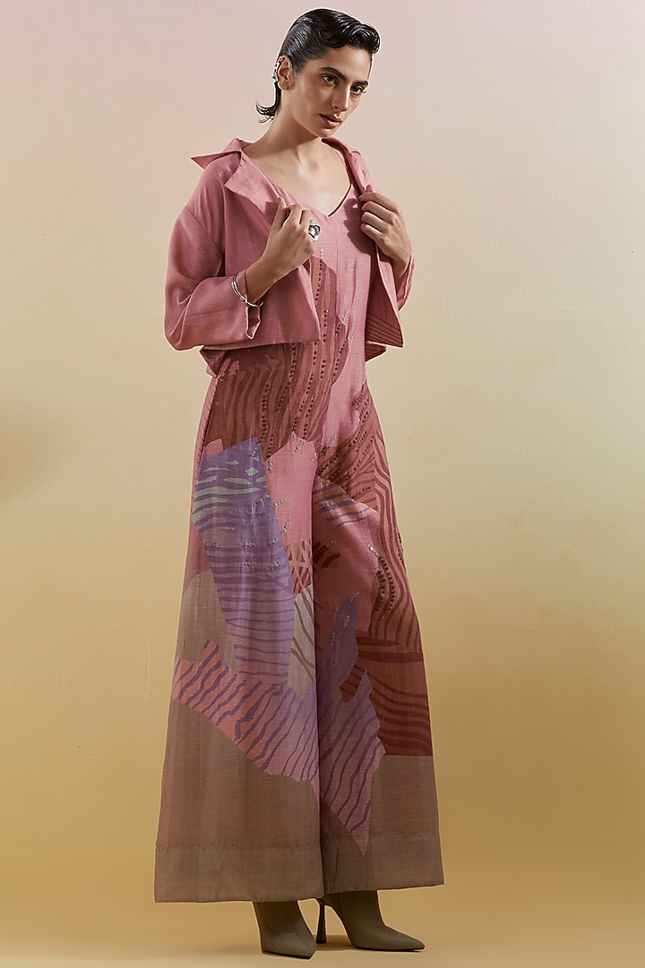 Dusty Pink & Grey Linen Silk Embellished Jumpsuit With Jacket by CLOS at Pernia's Pop Up Shop