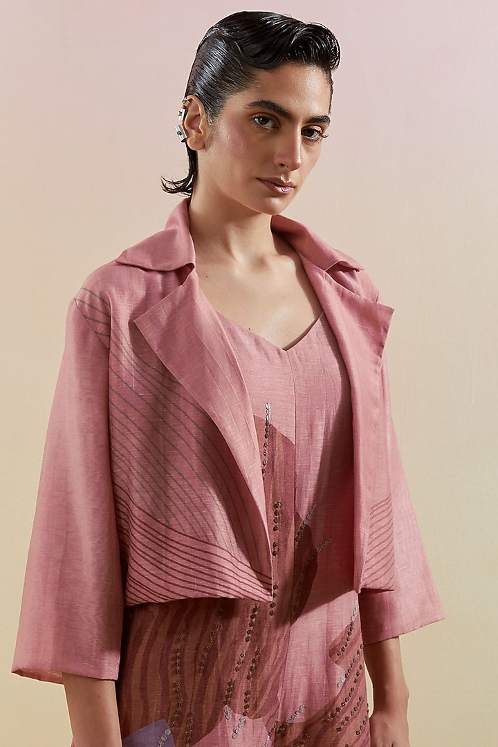 Dusty Pink & Grey Linen Silk Embellished Jumpsuit With Jacket by CLOS at Pernia's Pop Up Shop
