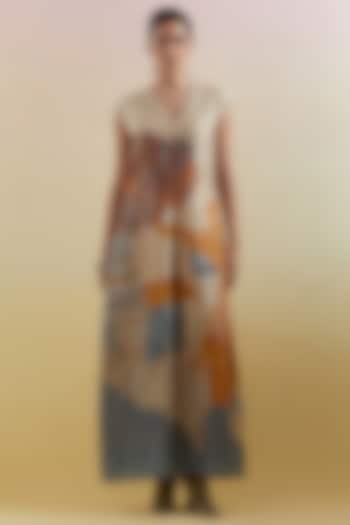 Beige & Teal Linen Silk Embellished Jumpsuit by CLOS at Pernia's Pop Up Shop