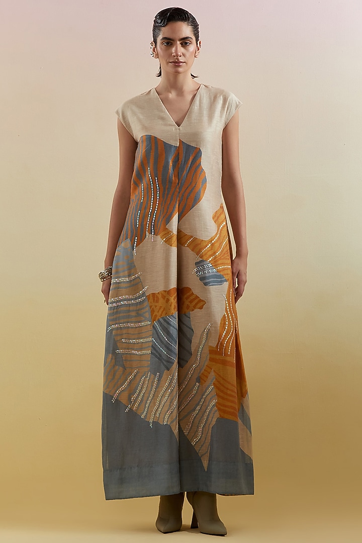 Beige & Teal Linen Silk Embellished Jumpsuit by CLOS at Pernia's Pop Up Shop