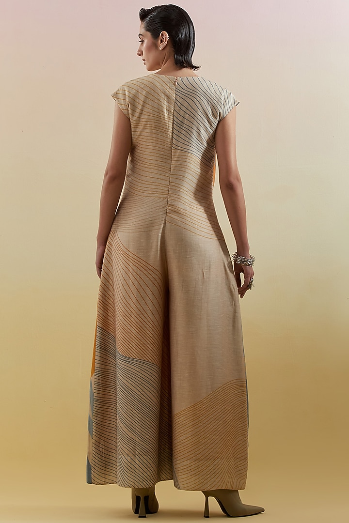 Beige & Teal Linen Silk Embellished Jumpsuit by CLOS at Pernia's Pop Up Shop