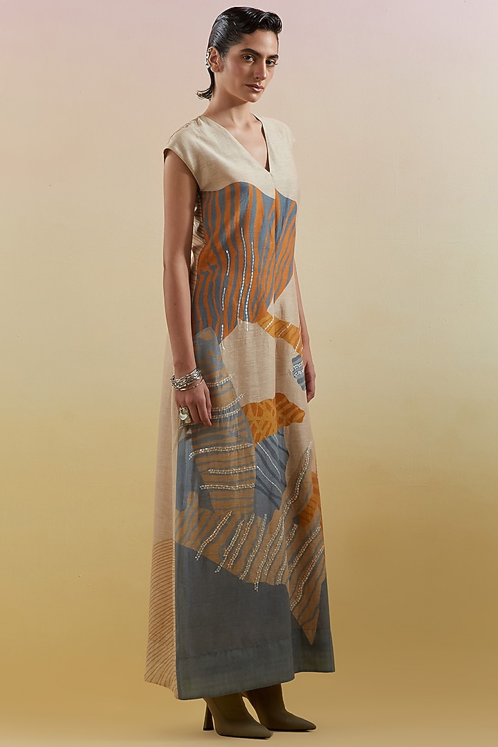 Beige & Teal Linen Silk Embellished Jumpsuit by CLOS at Pernia's Pop Up Shop